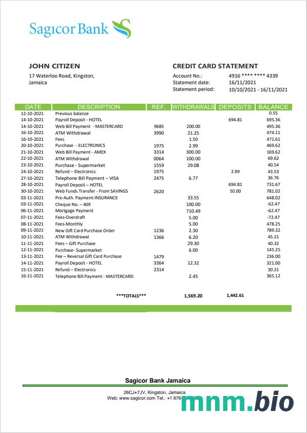 Jamaica National Commercial Bank statement szablon Worda i PDF